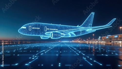 A sleek, metallic wireframe cargo plane with glowing blue accents and subtle augmented reality patterns overlaid onto its structure hovers above a futuristic, high-tech virtual airport environment, co