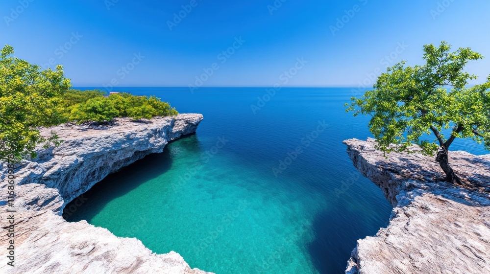 Fototapeta premium Serene coastal view with clear water and rocky cliffs.