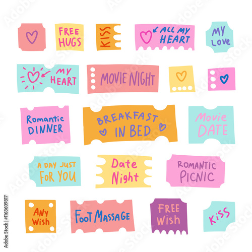 Love coupon set for Valentines day. Cute doodle sticker collection. My heart, kiss, free hugs, date night, free wish, day for you, romantic dinner etc.