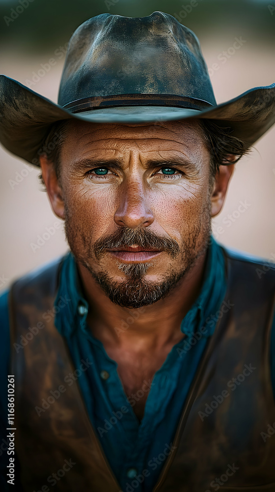 Close-up portrait of a cowboy with intense gaze, wearing a weathered hat and leather vest. Close-up portrait of a cowboy with intense gaze, wearing a weathered hat and leather vest.