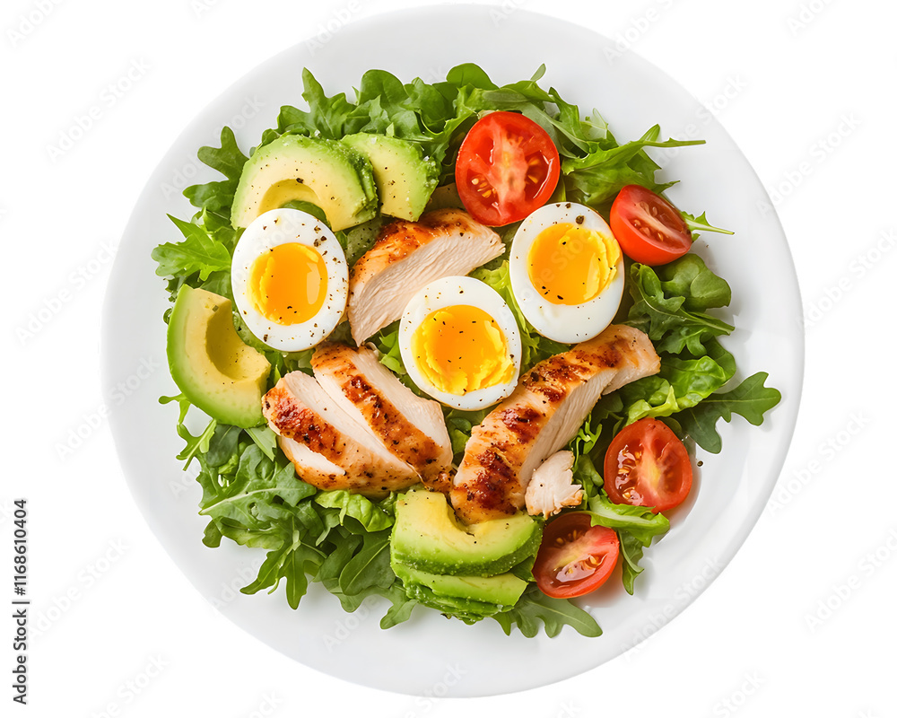 Chicken, Avocado, and Egg Salad with Cherry Tomatoes and Arugula Isolated On A White Background, PNG Transparent Chicken, Avocado, and Egg Salad with Cherry Tomatoes and Arugula Isolated On A White Background, PNG Transparent