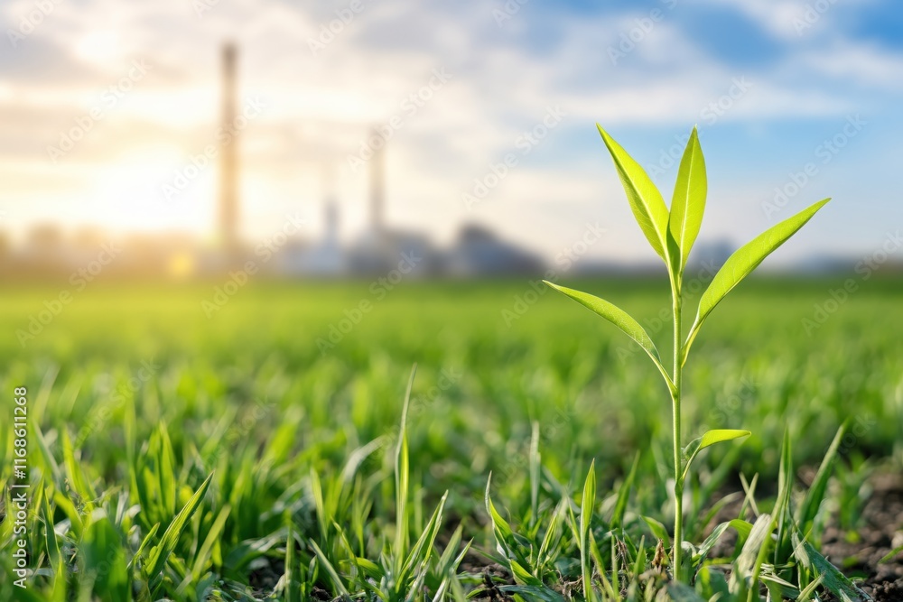 Obraz premium Green Plant Emerges in Field with Industrial Landscape in the Background at Sunrise