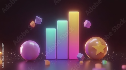 Colorful 3D Render of Ascending Bar Graph with Glowing Spheres and Cubes