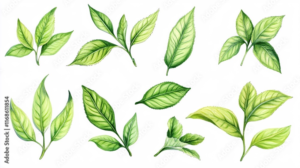 Collection of Hand-Drawn Green Leaves in Various Shapes and Textures for Design Collection of Hand-Drawn Green Leaves in Various Shapes and Textures for Design
