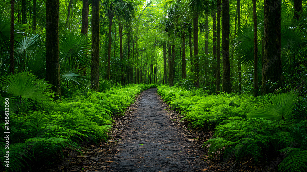 Obraz premium Photography of a tropical jungle path covered in vibrant green moss and bordered by towering palms, creating a sense of adventure and tranquility.