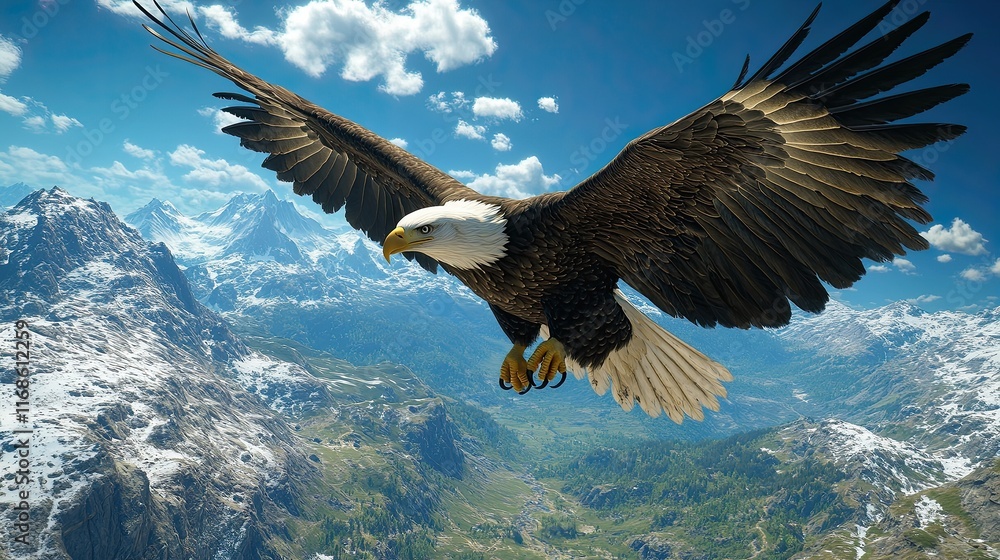 Majestic Bald Eagle Soaring Above Snow Capped Mountains and Lush Valleys Under a Brilliant Blue Sky