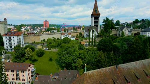 4K Drone Video of the Musegg Wall near the Reuss River in Lucerne, Switzerland photo