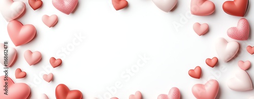 Heart-shaped decoration in shades of pink and red forming a border on a white background. Perfect for Valentine's Day themes or romantic designs.
