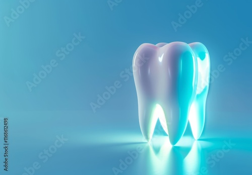 Glowing healthy teeth on blue background. photo