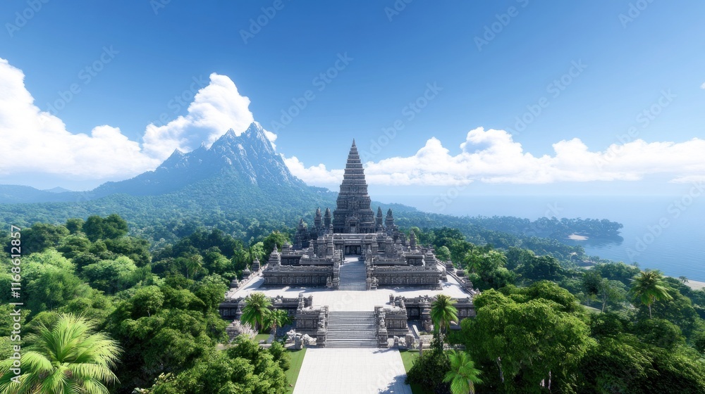 Stunning temple complex surrounded by lush greenery and mountains. Stunning temple complex surrounded by lush greenery and mountains.