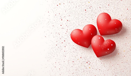 Three red hearts on a glittering white background symbolize love and romance. Perfect for Valentine's Day, anniversaries, or romantic occasions and celebrations.