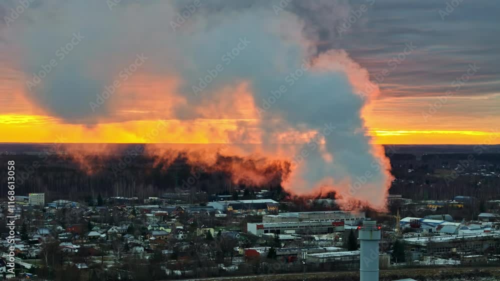 White fumes smoke Drone panoramic fly Sunset at industrial polluted town chimney White fumes smoke Drone panoramic fly Sunset at industrial polluted town chimney