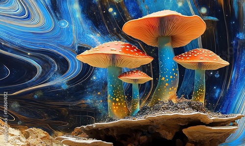 A psychedelic collage of giant glowing mushrooms in a cosmic forest, swirling fractals in the background photo