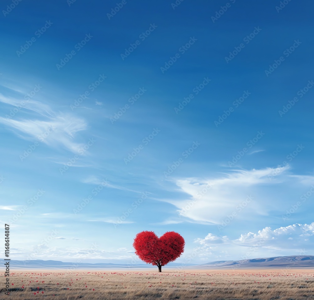 Fototapeta premium Lone tree with red heart-shaped foliage standing in a vast open field under a clear blue sky, symbolizing love and solitude in nature.