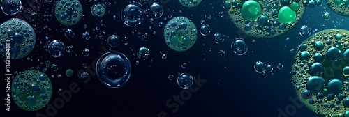 Blue glowing bubbles and water drops on glass with a dark space background, featuring plasma-like energy and spherical cells in a 3D scientific illustration