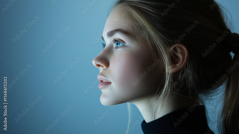 Fototapeta premium A young woman side profile in soft blue lighting, showcasing a serene and contemplative mood in a minimalist setting.