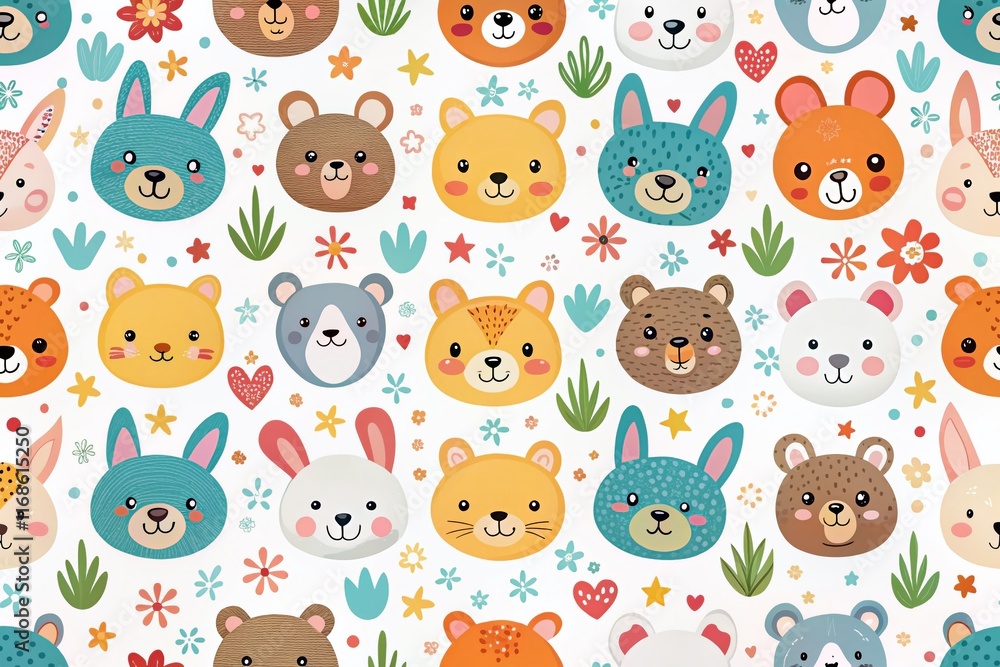 Adorable Animal Faces Pattern: Cute Cartoon Background for Kids