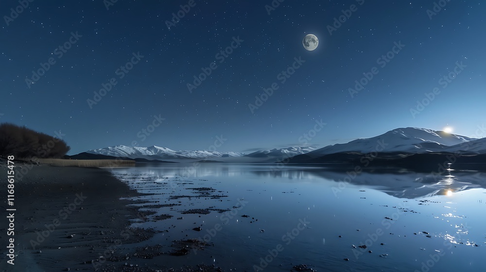 Fototapeta premium starlit night with full moon over lake