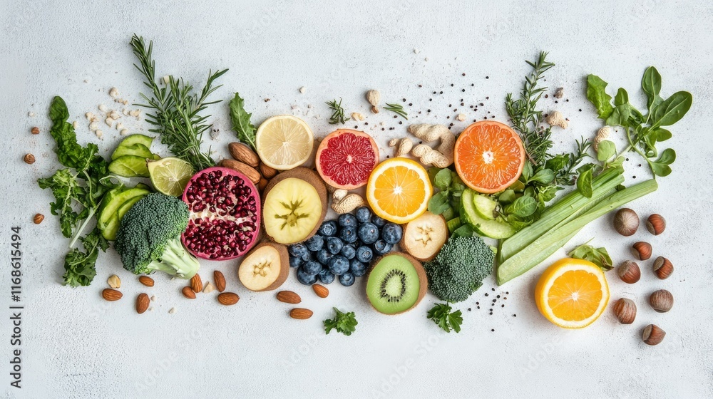A flat lay of a paper bag containing fresh fruits, vegetables, and nuts, arranged on a white background with space to add a text banner about healthy grocery shopping. A flat lay of a paper bag containing fresh fruits, vegetables, and nuts, arranged on a white background with space to add a text banner about healthy grocery shopping.