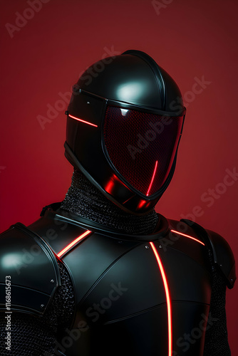 Futuristic dark knight clad in glowing armor and a helmet featuring red lights, combining chainmail details against a striking red background, embodying retro futurism photo