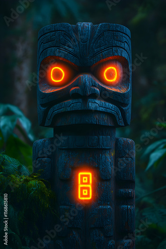 Illuminated wooden totem creating ethereal light within dense tropical forest darkness, blending mystical indigenous symbolism with retro futuristic visual narrative photo