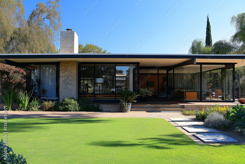 Obraz premium American mid-century modern house with clean architectural lines, a flat roof, and open outdoor living space.