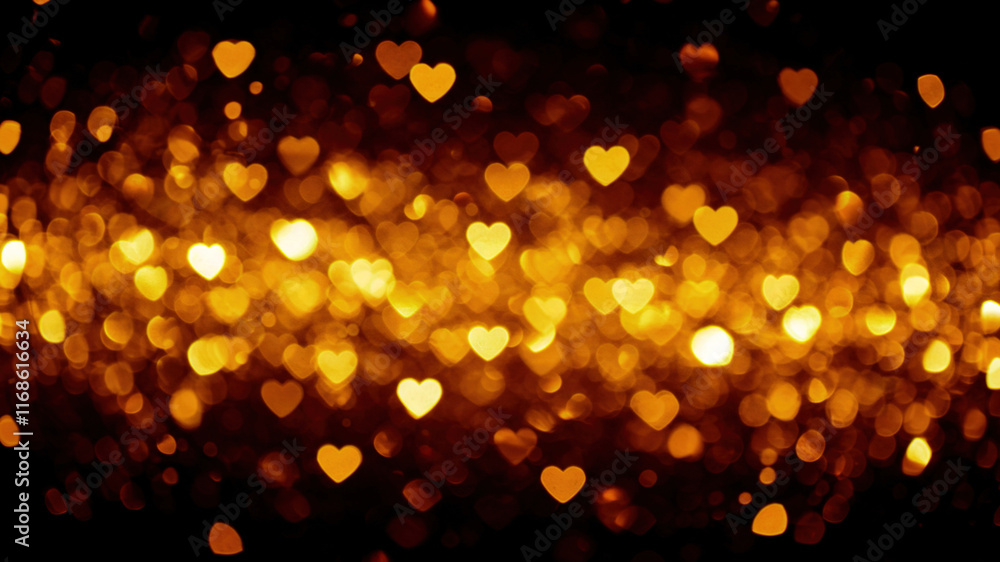 Fototapeta premium Golden hearts bokeh blurred black background. Golden Saint Valentine's day pattern texture Overlay Mask transparency