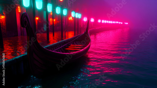 Viking longship docked near gleaming Venetian canals, glowing with neon illumination, merging historical maritime design into cyberpunk inspired urban nightscape photo