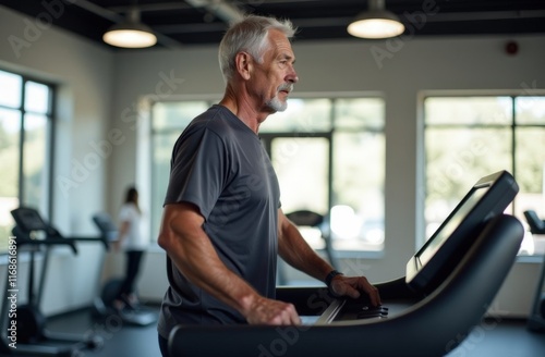 Elderly fit man with gray hair doing sports in the fitness center. Movement is life. Support for health and longevity. Healthy active lifestyle at any age. High quality photo photo