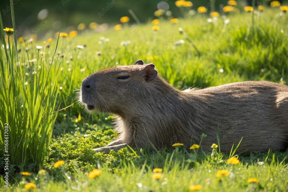 Adorable Capybara Relaxing in Lush Green Grass - High-Resolution Stock Photo Adorable Capybara Relaxing in Lush Green Grass - High-Resolution Stock Photo