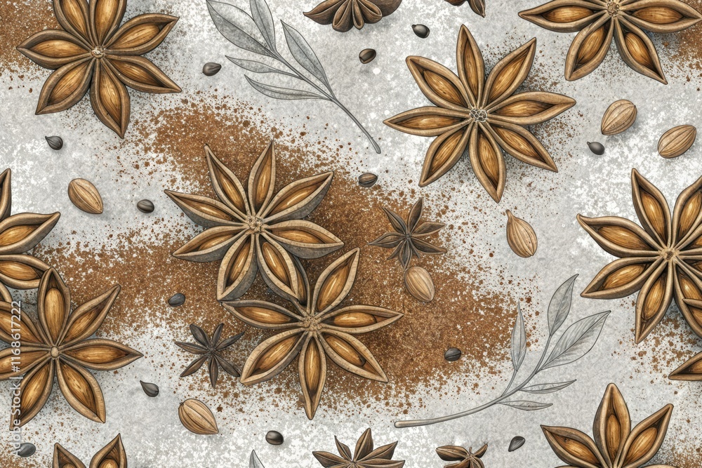 seamless pattern background with Star anise, nature, wallpaper, fabric, textile. seamless pattern background with Star anise, nature, wallpaper, fabric, textile.