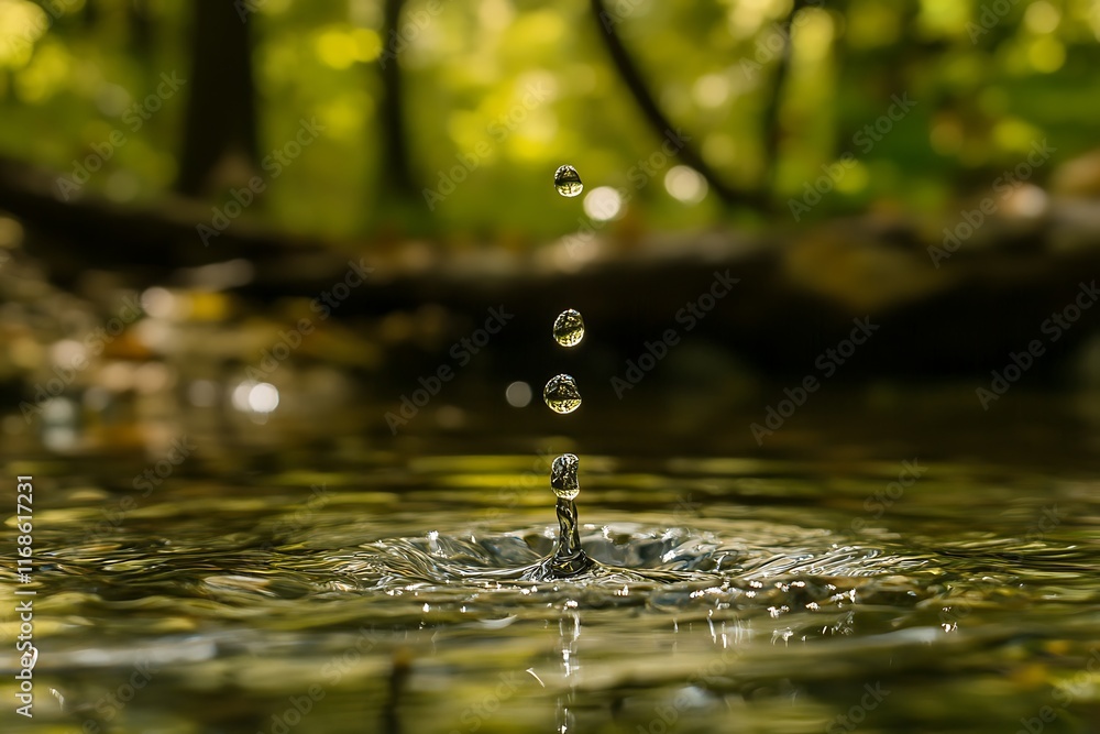 Drops falling into pond creating ripples in forest Drops falling into pond creating ripples in forest