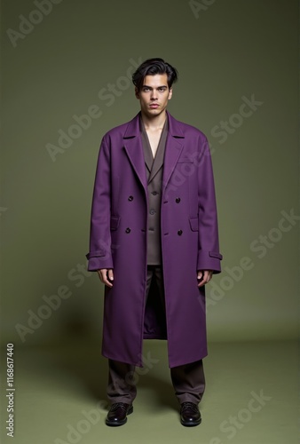 Fashion model posing in stylish purple overcoat and brown suit