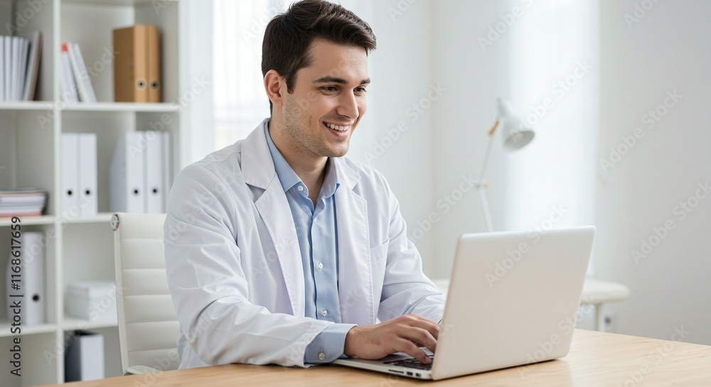 Smiling Doctor using Laptop in Office Smiling Doctor using Laptop in Office