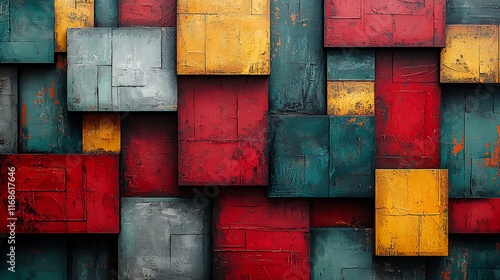 Abstract background of layered, textured squares in red, yellow, grey, and teal.