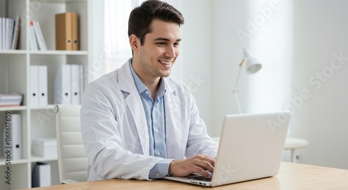 Smiling Doctor using Laptop in Office 