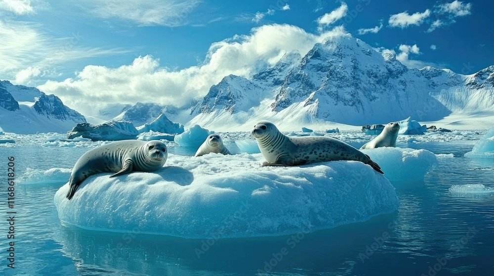 Fototapeta premium A group of seals lounging on floating icebergs in Jkulsrln Lagoon, the snowy peaks of Iceland's glaciers visible in the background.