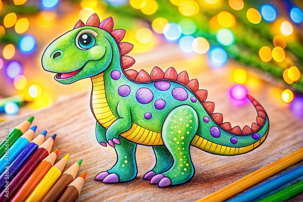 Obraz premium Adorable Dinosaur Coloring Page with Bokeh Background - Printable Fun for Kids