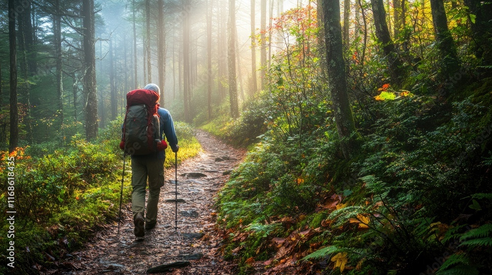 A hiker walking along a trail in the Great Smoky Mountains, with vibrant greenery and sunlight filtering through the trees. A hiker walking along a trail in the Great Smoky Mountains, with vibrant greenery and sunlight filtering through the trees.