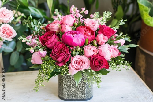 Beautiful Arrangement of Pink and Red Flowers in Modern Decorative Vase