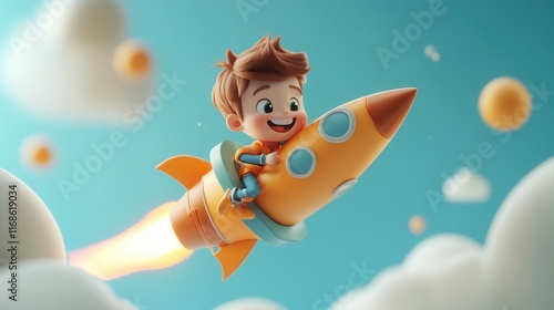 A Cheerful Boy on a Rocket in 3D Cartoon Style Among Clouds and Stars, Dream Illustration