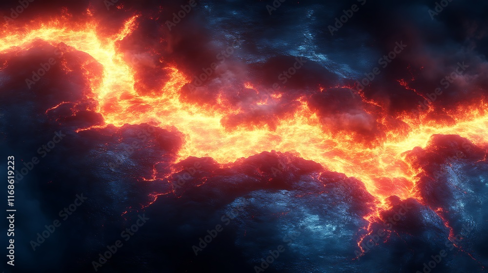 Molten Lava Flowing Through Dark Volcanic Rock Molten Lava Flowing Through Dark Volcanic Rock