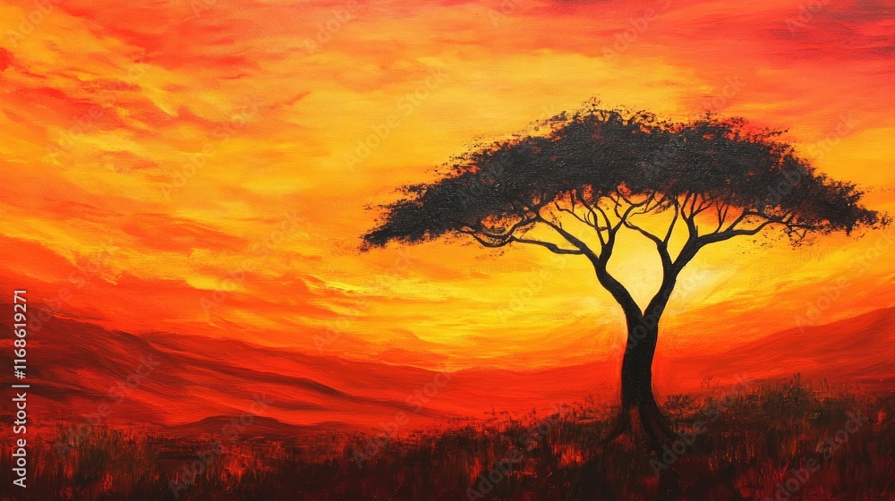 A lone acacia tree standing against a fiery orange and red sunrise, symbolizing the beauty of the African Serengeti. A lone acacia tree standing against a fiery orange and red sunrise, symbolizing the beauty of the African Serengeti.