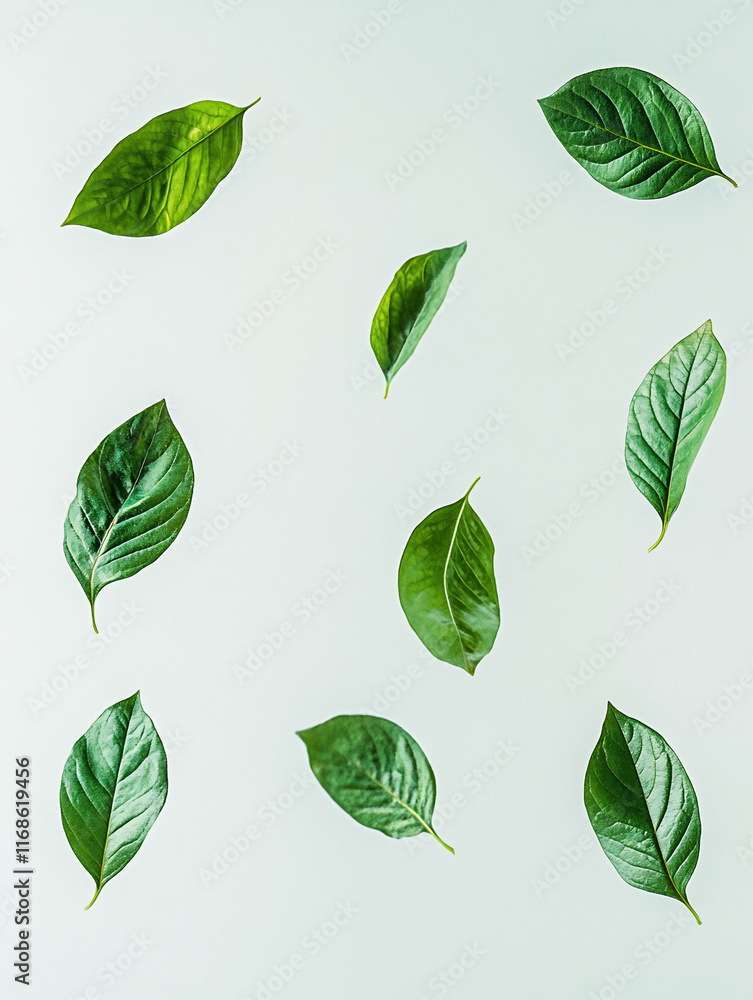 Green leaves scattered on white background. Green leaves scattered on white background.
