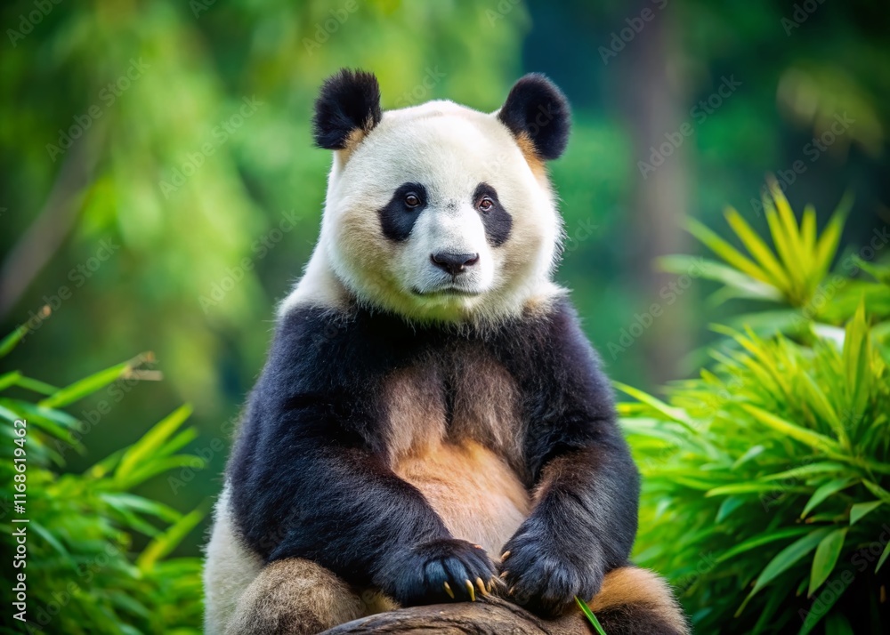 Adorable Giant Panda Sitting Upright, Curious Expression, Copy Space - Stock Photo Adorable Giant Panda Sitting Upright, Curious Expression, Copy Space - Stock Photo