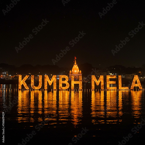 Kumbh Mela text glowing ove...
