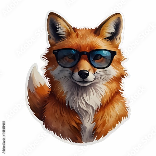 Sticker happy fox wearing sunglasses on white background.