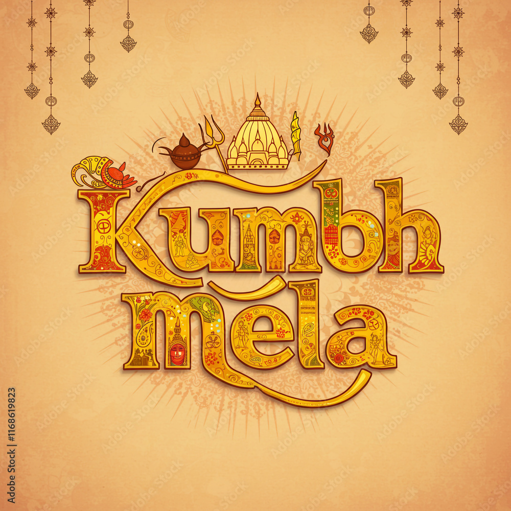 Fototapeta premium Ornate Kumbh Mela text with a crown, temple, and floral decorations, symbolizing cultural richness and divinity