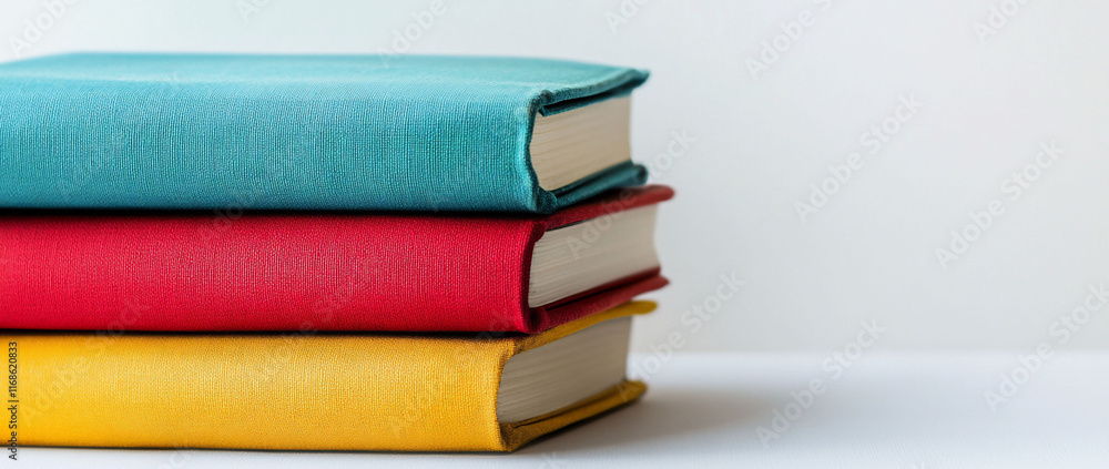 Fototapeta premium Stack of three colorful books on a white surface.