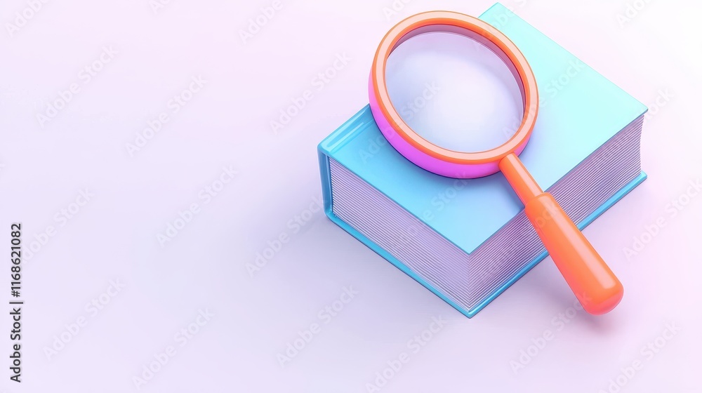 Colorful Magnifying Glass on a Pastel Blue Book Research Education and Discovery Concept Colorful Magnifying Glass on a Pastel Blue Book Research Education and Discovery Concept